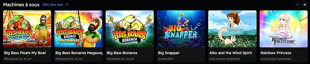 Catalogue de machines à sous BetZino Casino : Big Bass Bonanza, Big Snapper, Aiko and the Wind Spirit et Rainbow Princess