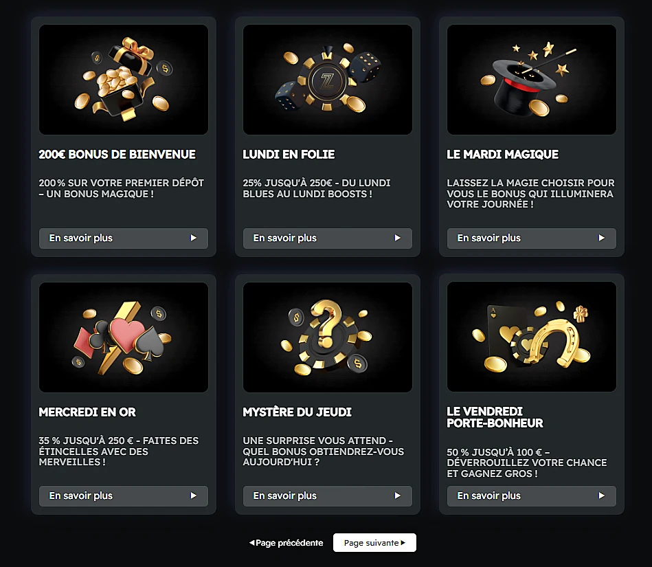 Promotions hebdomadaires BetZino Casino : bonus de bienvenue 200 €, Lundi en folie, Mardi magique, Mercredi en or et Vendredi porte-bonheur