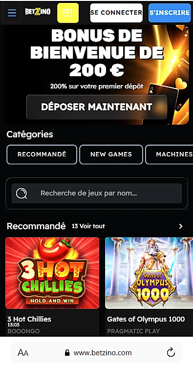 Version mobile de BetZino Casino sur smartphone : bonus de bienvenue 200 €, catégories de jeux et recherche